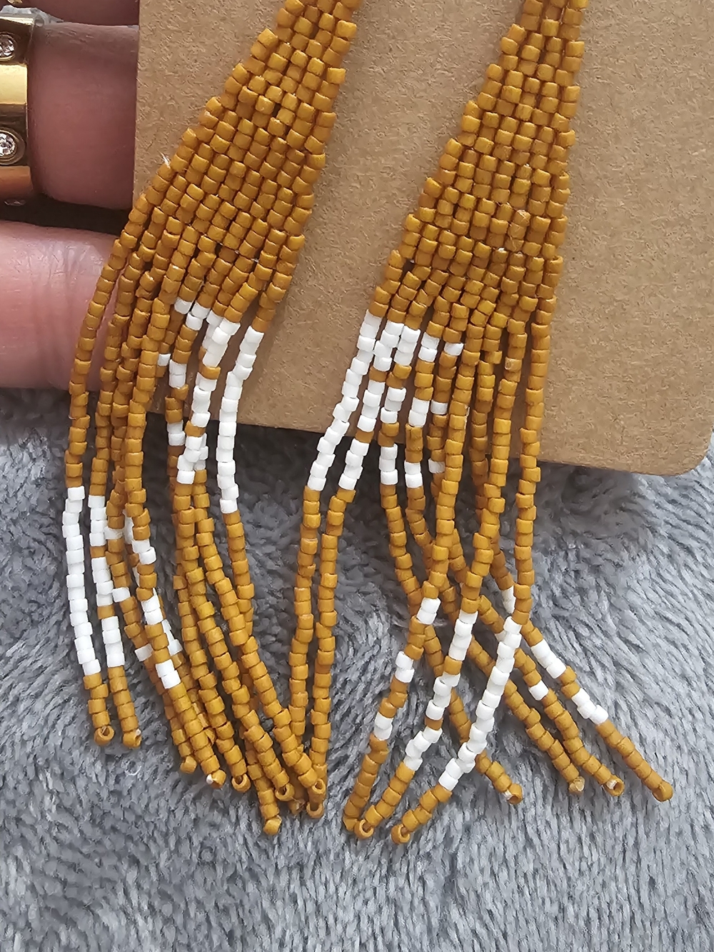 Mustard Yellow and White Beaded Fringe Earrings